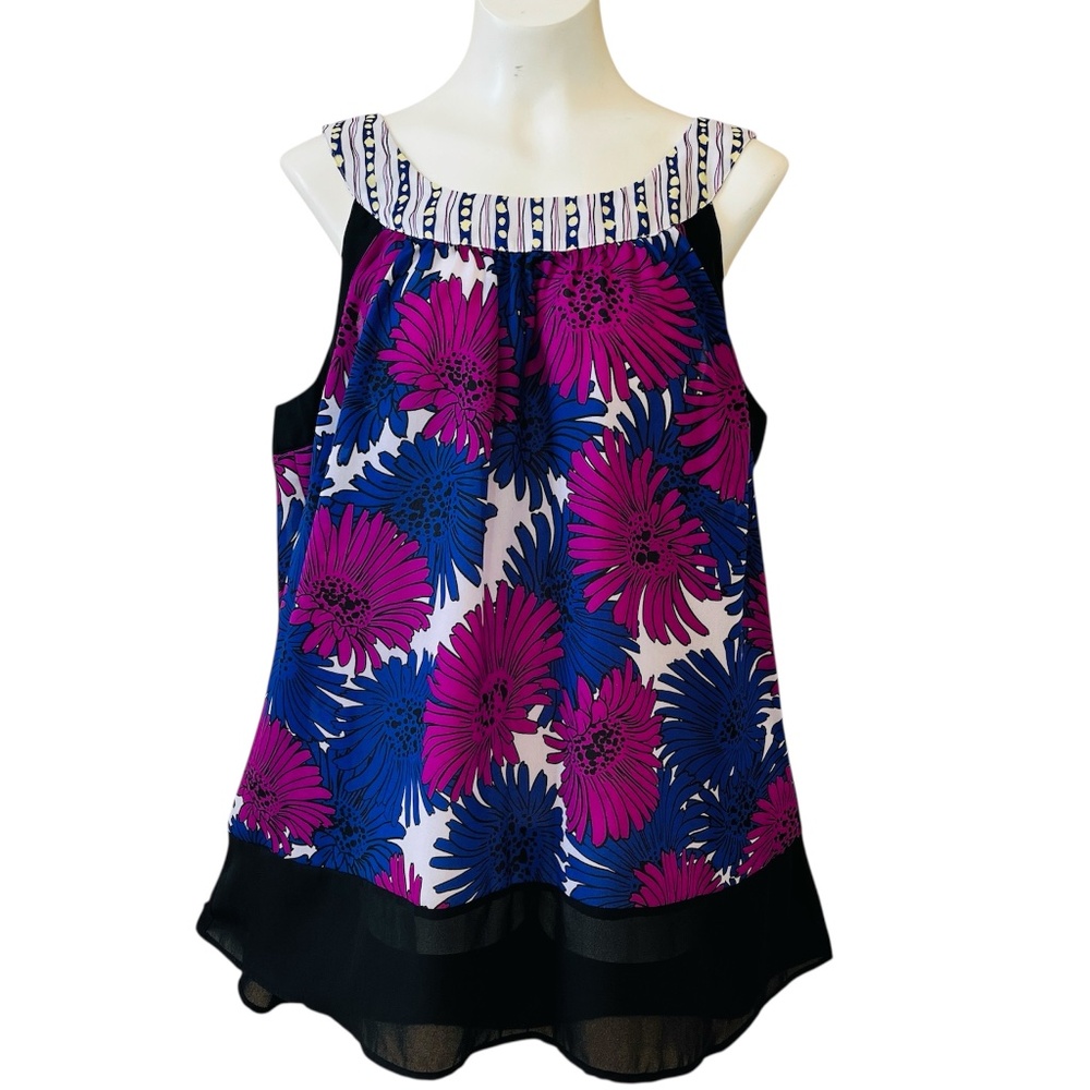 Apostrophe Floral Sheer Hem Tunic Top Fuchsia Navy Black 18W Sleeveless